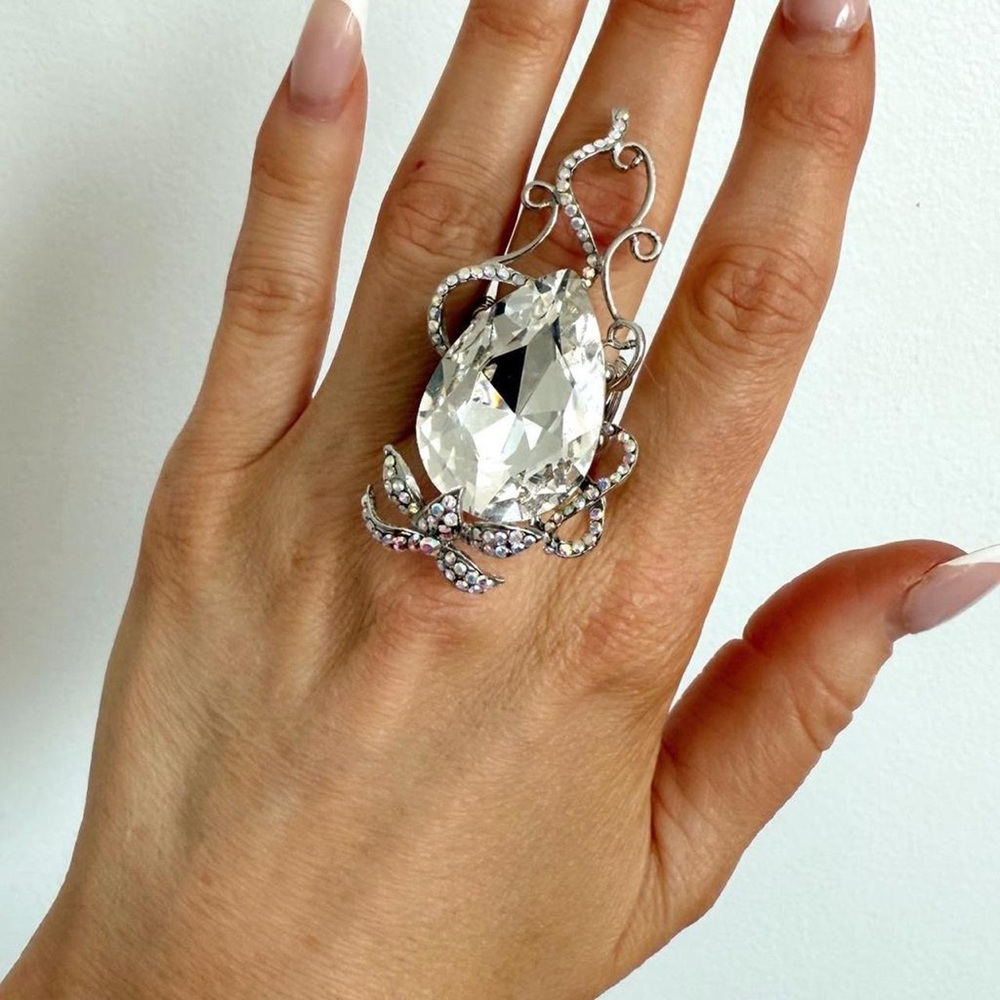 Large statement clear crystal & silver tone cocktail ring - adjustable